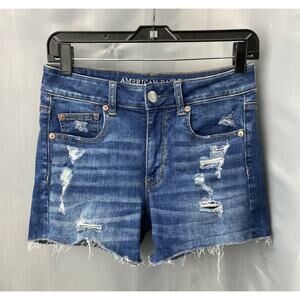 American Eagle Shortie 4 Hi Rise Denim Jean Shorts Holes Raw Hems